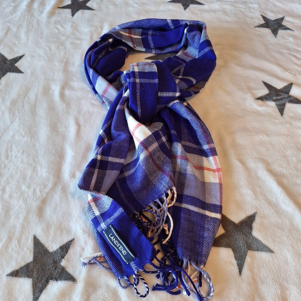 Lands' End Soft Purple Plaid Fringe Scarf Warm Winter Accessory Acrylic Soft